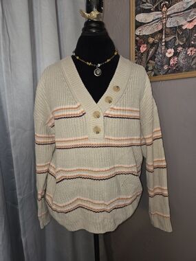 Maurices Cream V-Neck Sweater with Orange and Brown Stripes